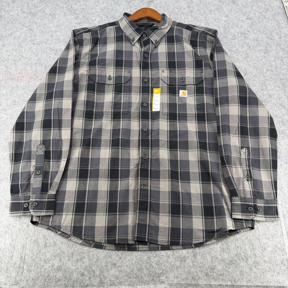 Carhartt Mens Loose Fit Plaid Long Sleeve Button Down Shirt Grey Black Large NEW